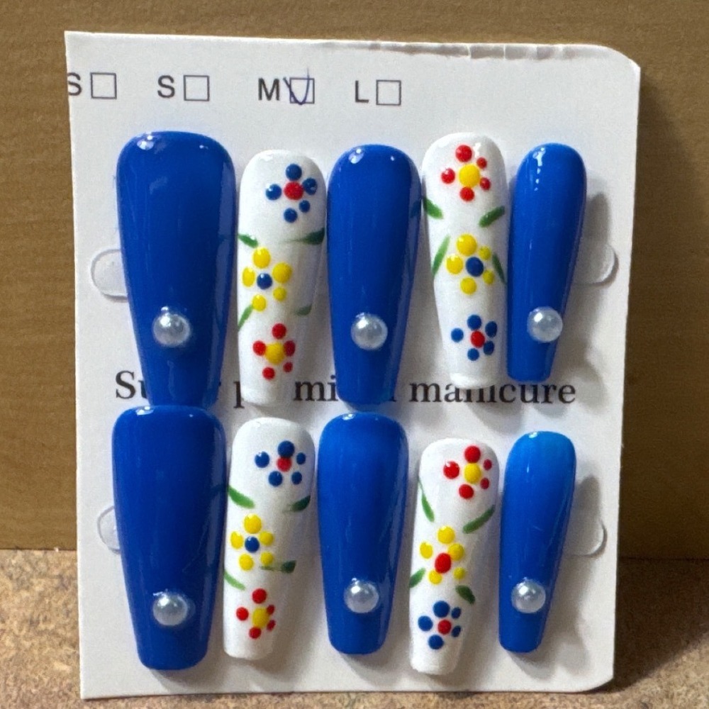 Floral‎ Blue and White Press On Nails with Pearl Accents Long Coffin Size Medium
